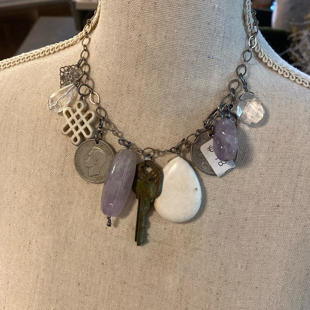 Purple & White Stone Charm Necklace